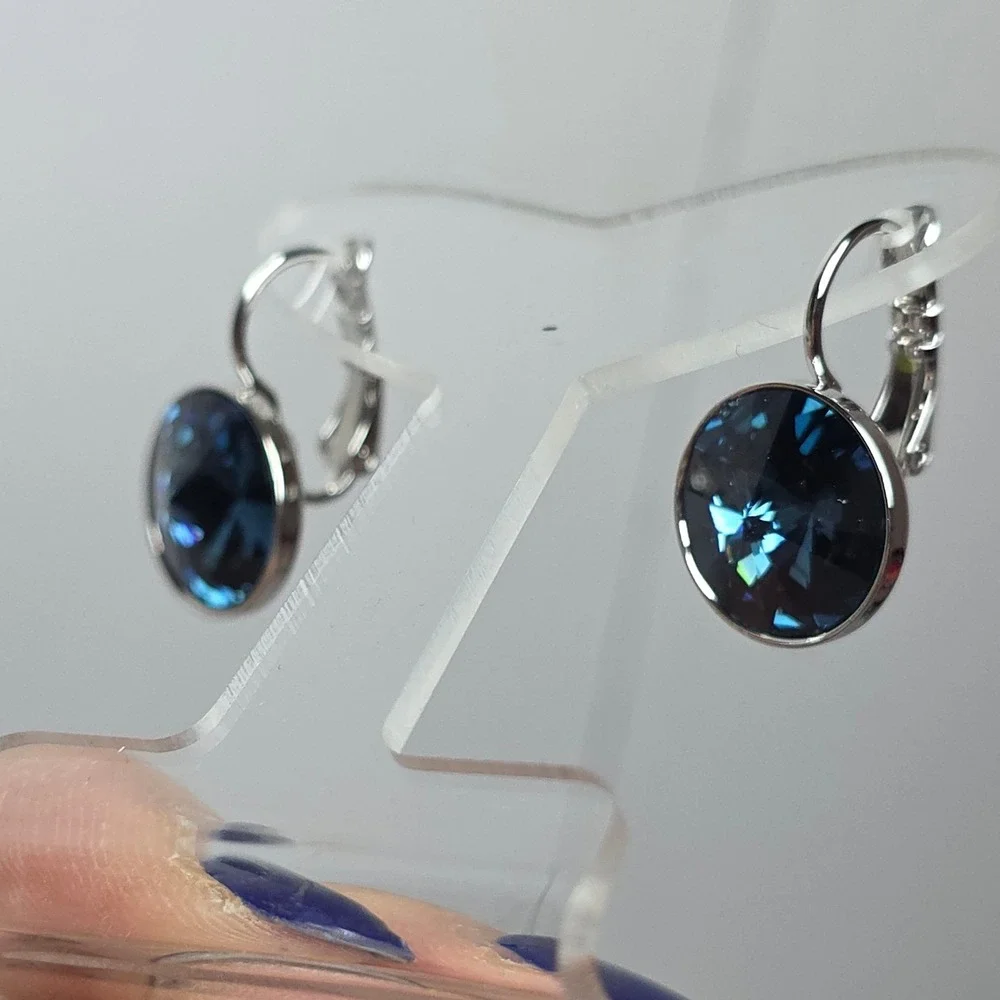 NEW Swarovski Montana BlueRound 13mm Leverback Drop Earrings Platinum Plated #3